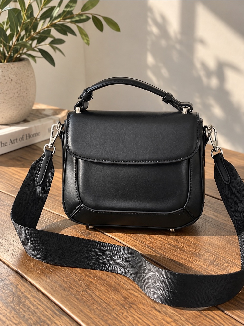 Zara Black Structured Leatherette Top-Handle Crossbody Bag